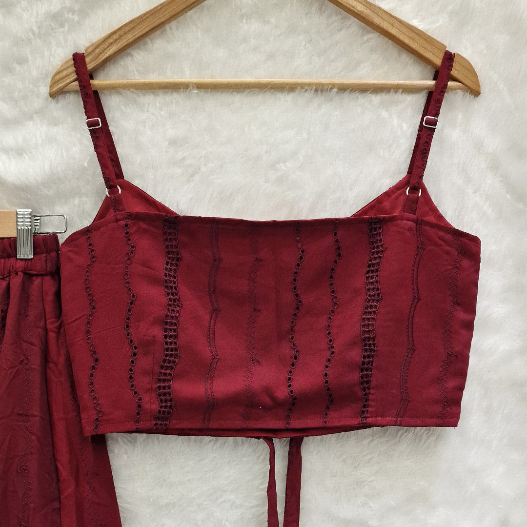 Maroon Hakoba Work Lehenga With Stylish Sleeveless Crop Top