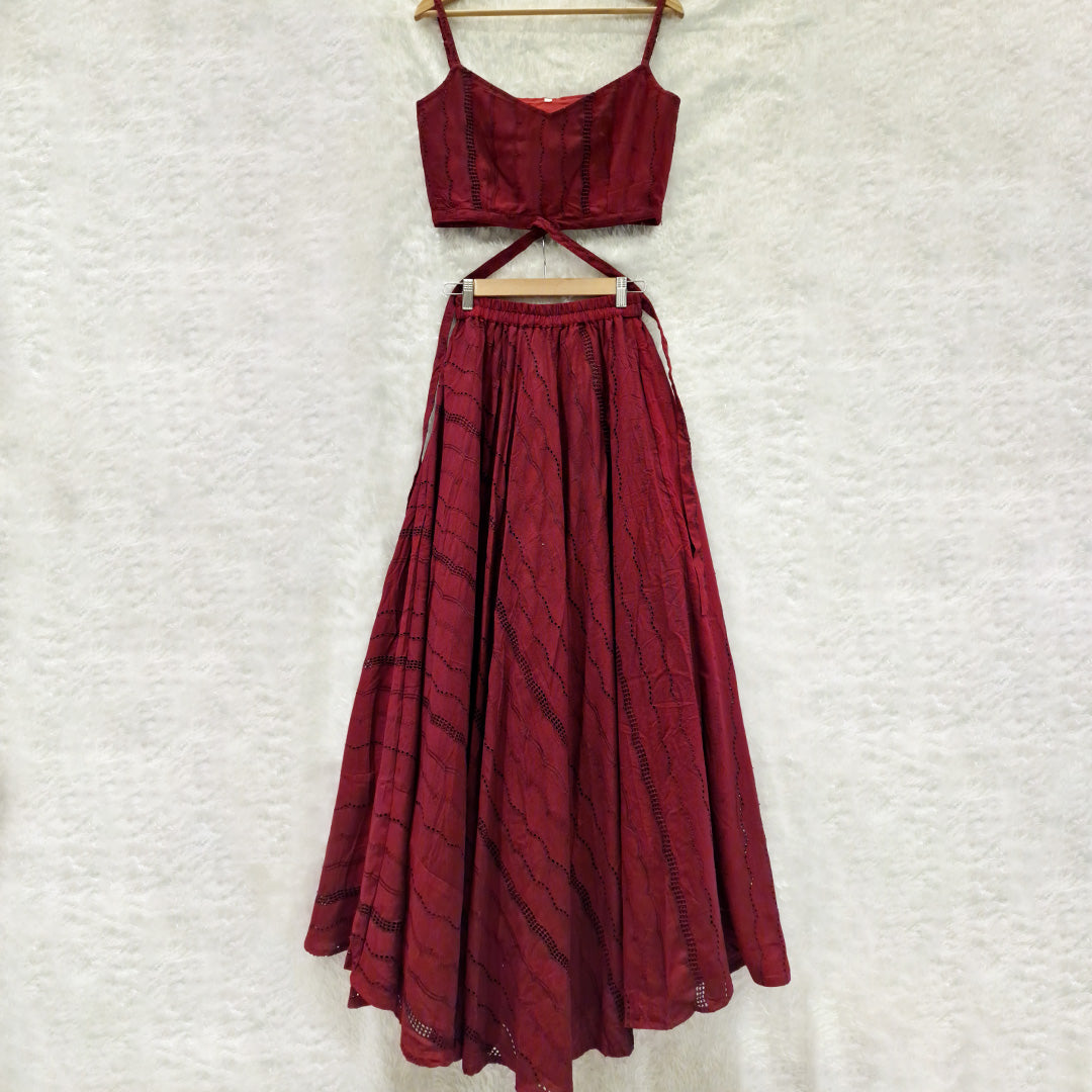 Maroon Hakoba Work Lehenga With Stylish Sleeveless Crop Top