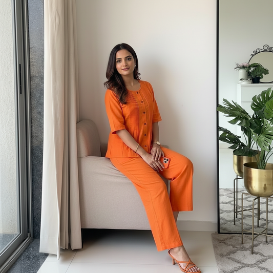 Cotton Casual Plain O-Neck Pleated Top With Wide Leg Pants