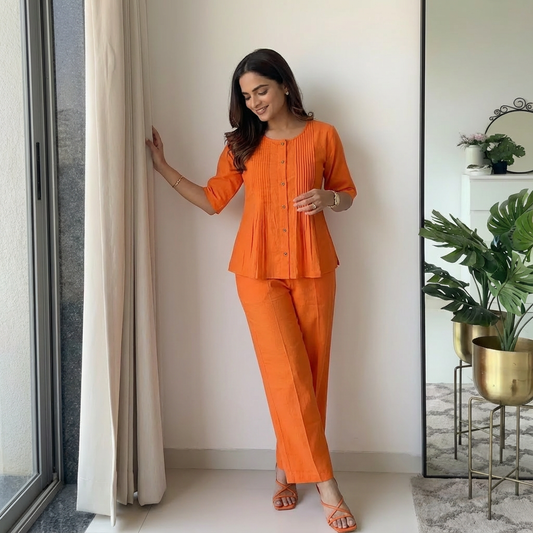 Cotton Casual Plain O-Neck Pleated Top With Wide Leg Pants