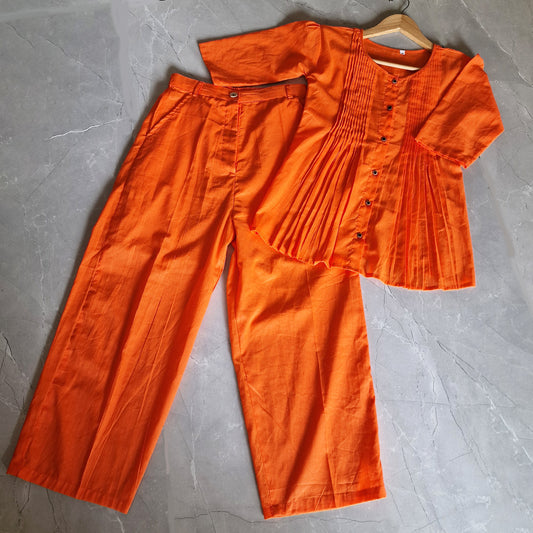 Cotton Casual Plain O-Neck Pleated Top With Wide Leg Pants