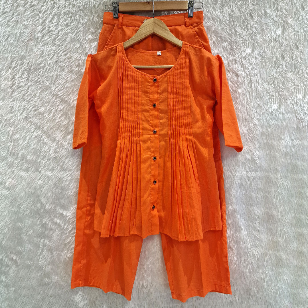 Cotton Casual Plain O-Neck Pleated Top With Wide Leg Pants