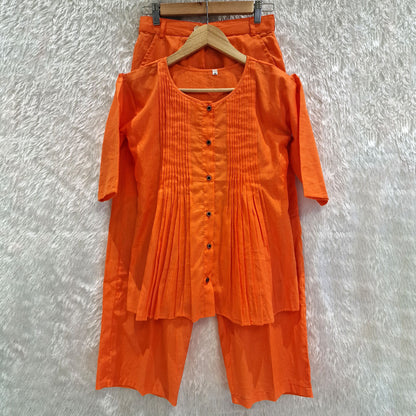 Cotton Casual Plain O-Neck Pleated Top With Wide Leg Pants