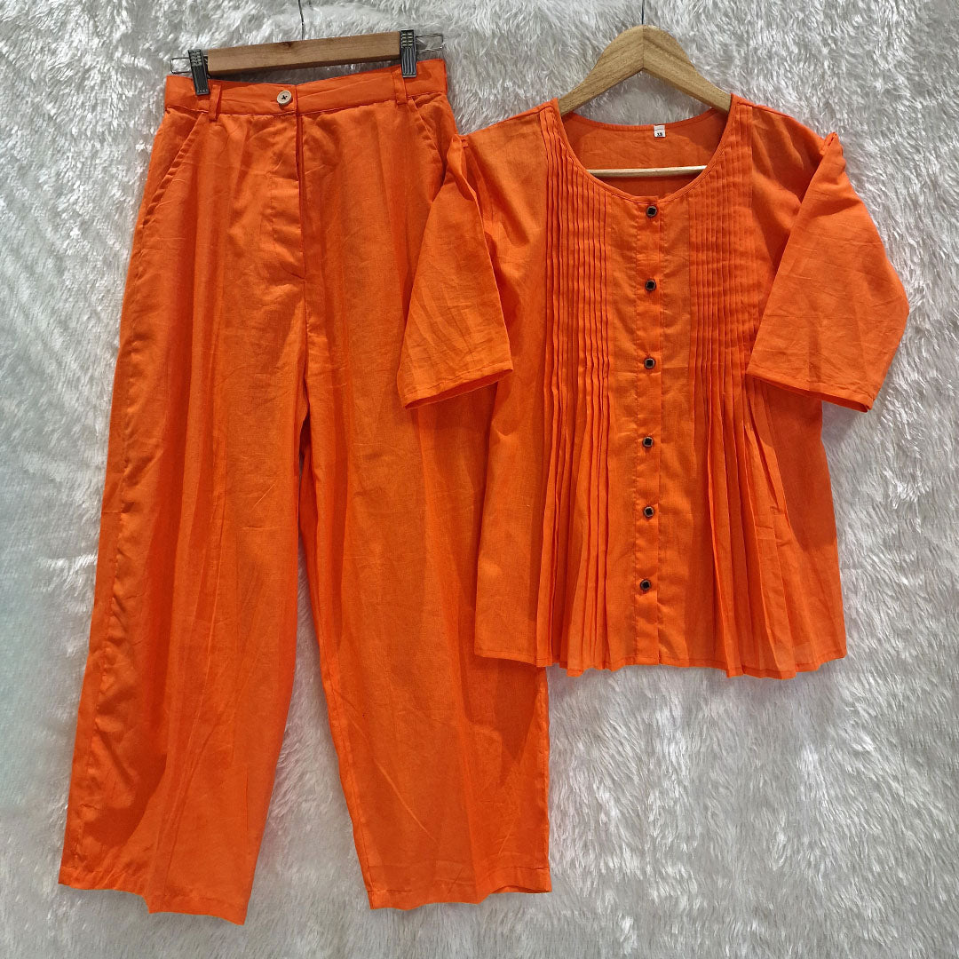 Cotton Casual Plain O-Neck Pleated Top With Wide Leg Pants