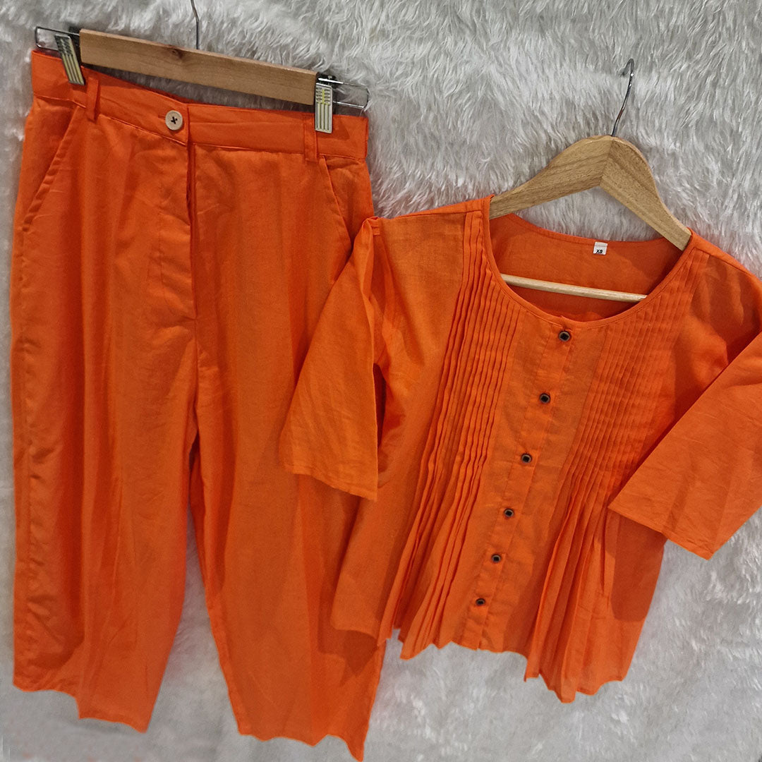 Cotton Casual Plain O-Neck Pleated Top With Wide Leg Pants