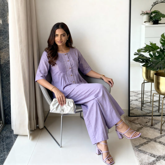 Lavender Cotton Casual Plain O-Neck Pleated Top With Wide Leg Pants