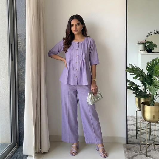 Lavender Cotton Casual Plain O-Neck Pleated Top With Wide Leg Pants