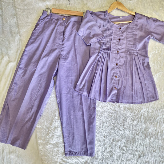 Lavender Cotton Casual Plain O-Neck Pleated Top With Wide Leg Pants