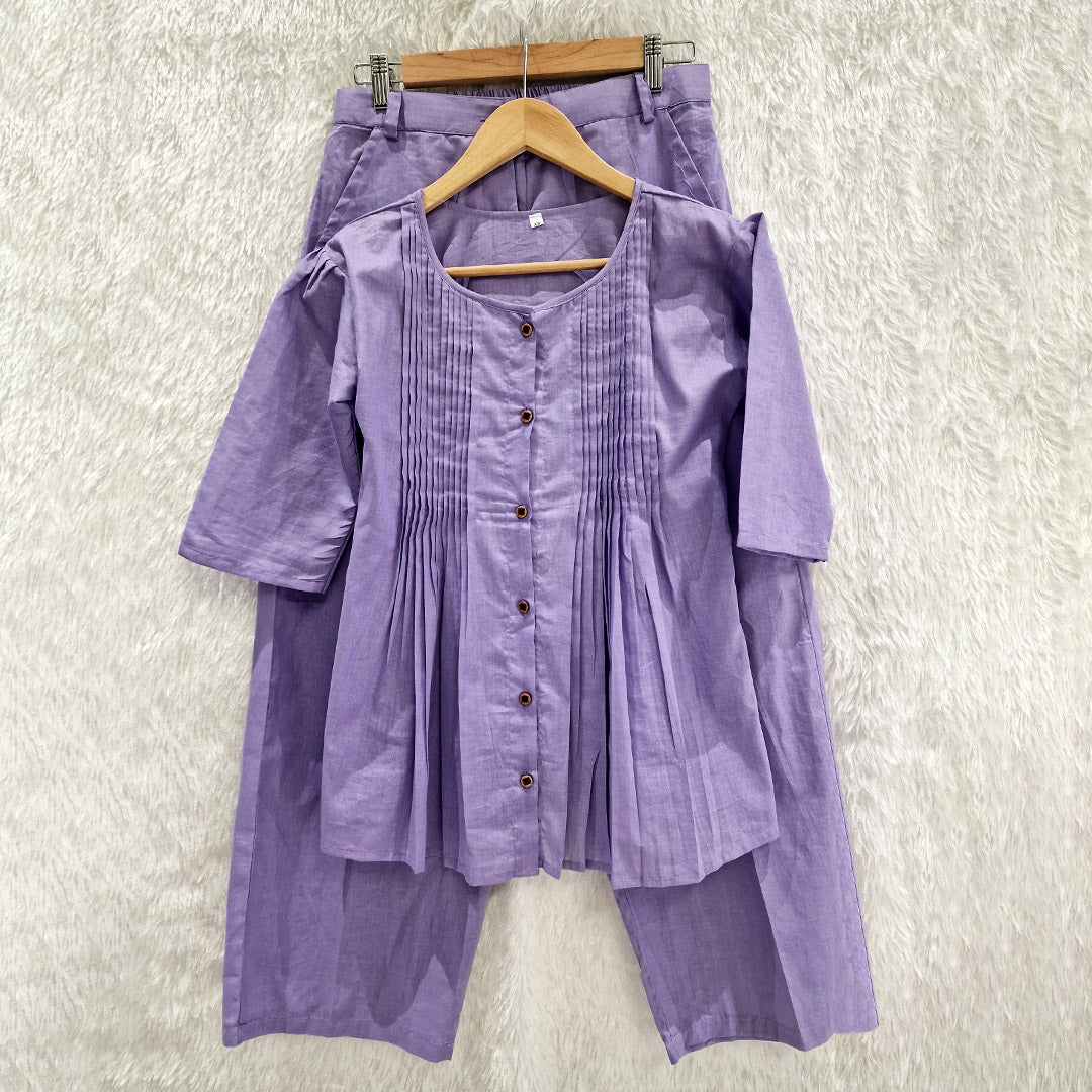 Lavender Cotton Casual Plain O-Neck Pleated Top With Wide Leg Pants
