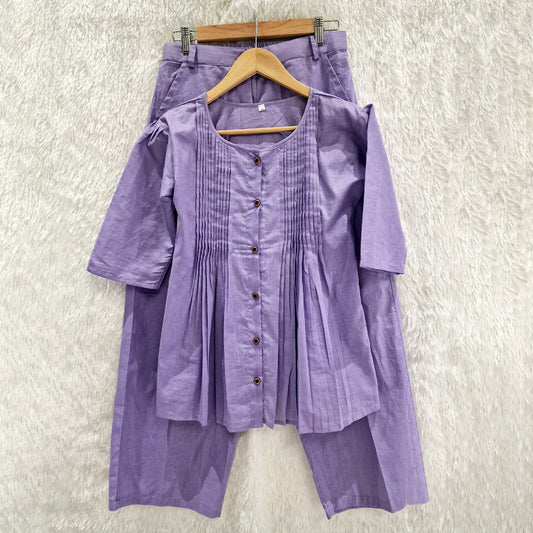 Lavender Cotton Casual Plain O-Neck Pleated Top With Wide Leg Pants
