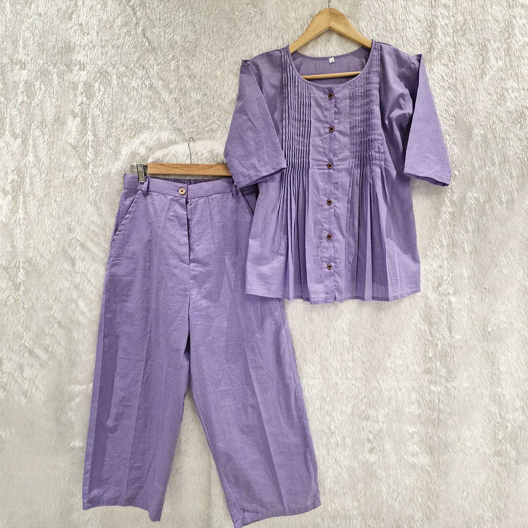 Lavender Cotton Casual Plain O-Neck Pleated Top With Wide Leg Pants