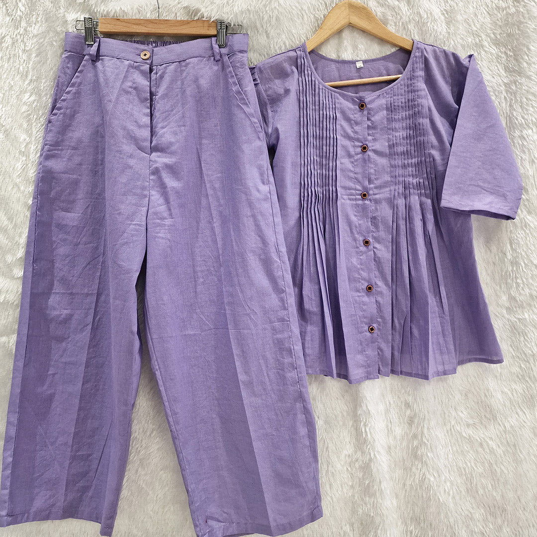 Lavender Cotton Casual Plain O-Neck Pleated Top With Wide Leg Pants