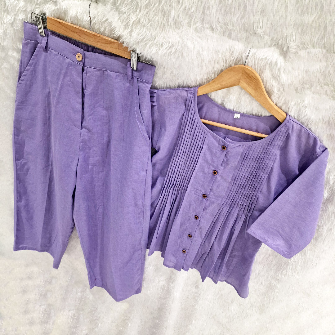 Lavender Cotton Casual Plain O-Neck Pleated Top With Wide Leg Pants