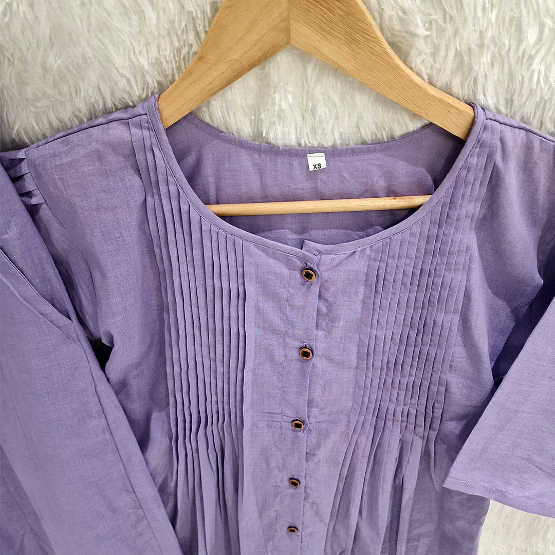 Lavender Cotton Casual Plain O-Neck Pleated Top With Wide Leg Pants
