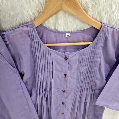 Lavender Cotton Casual Plain O-Neck Pleated Top With Wide Leg Pants