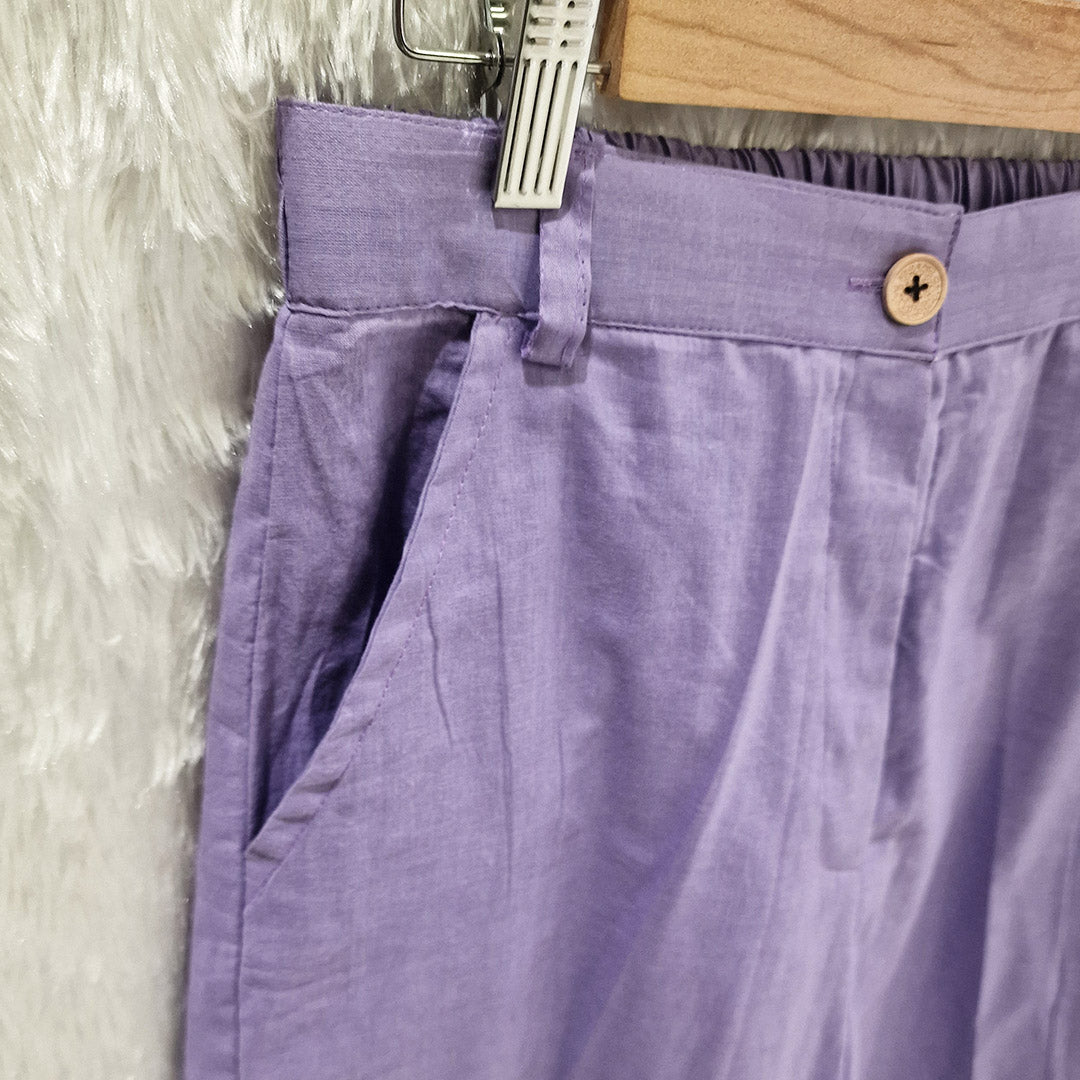 Lavender Cotton Casual Plain O-Neck Pleated Top With Wide Leg Pants