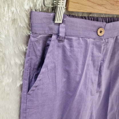 Lavender Cotton Casual Plain O-Neck Pleated Top With Wide Leg Pants
