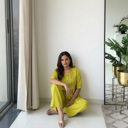 Lime Green Cotton Casual Plain O-Neck Pleated Top With Wide Leg Pants