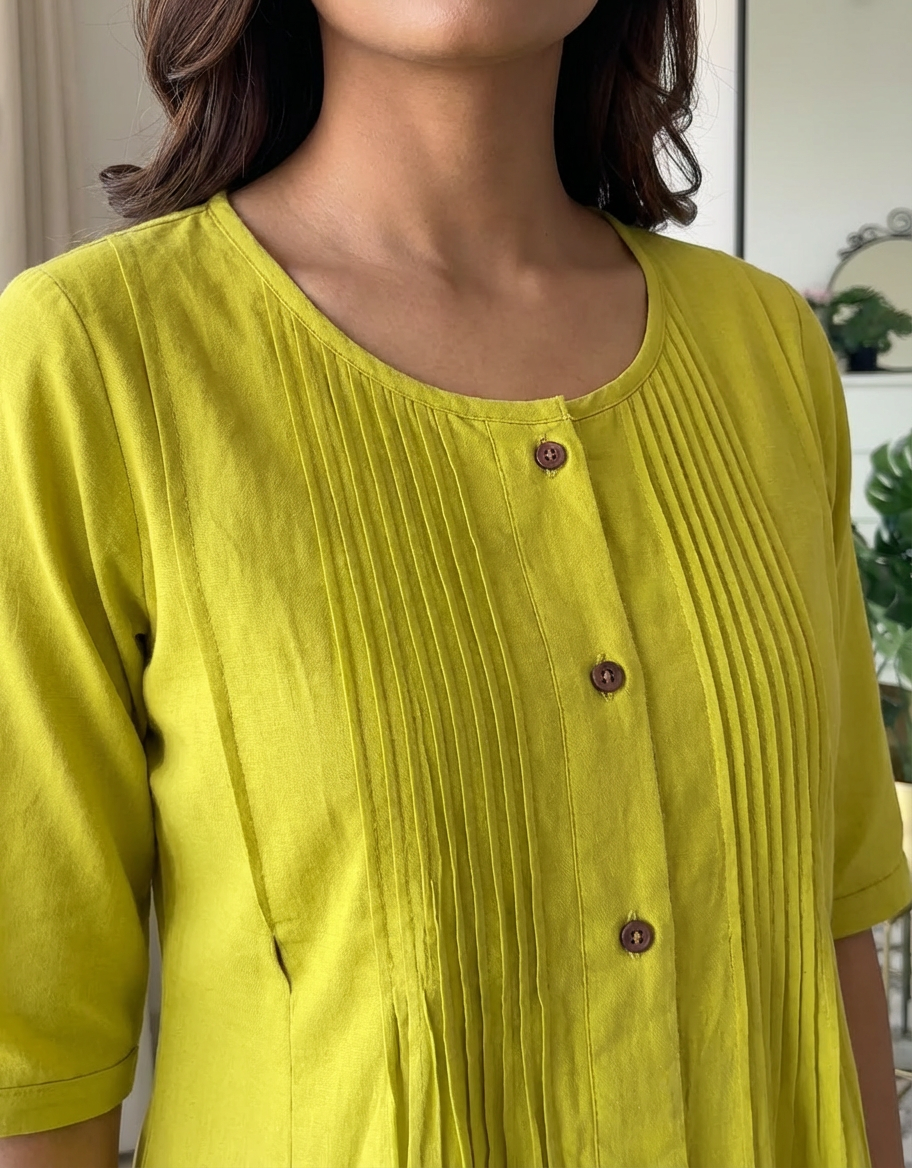 Lime Green Cotton Casual Plain O-Neck Pleated Top With Wide Leg Pants