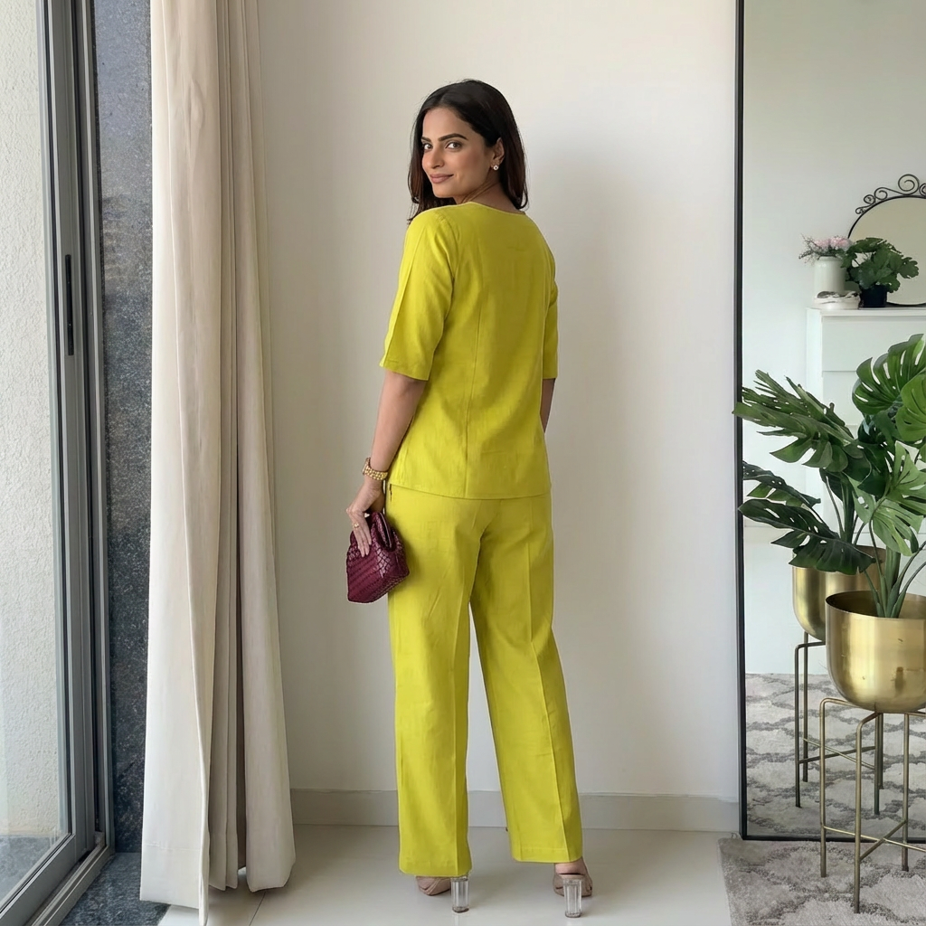 Lime Green Cotton Casual Plain O-Neck Pleated Top With Wide Leg Pants