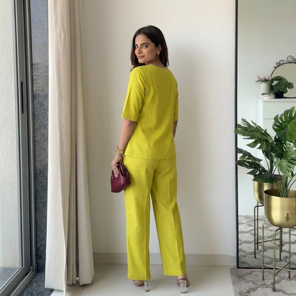 Lime Green Cotton Casual Plain O-Neck Pleated Top With Wide Leg Pants