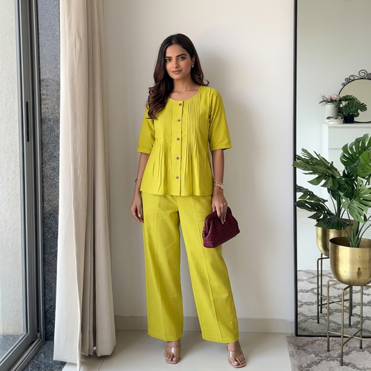 Lime Green Cotton Casual Plain O-Neck Pleated Top With Wide Leg Pants