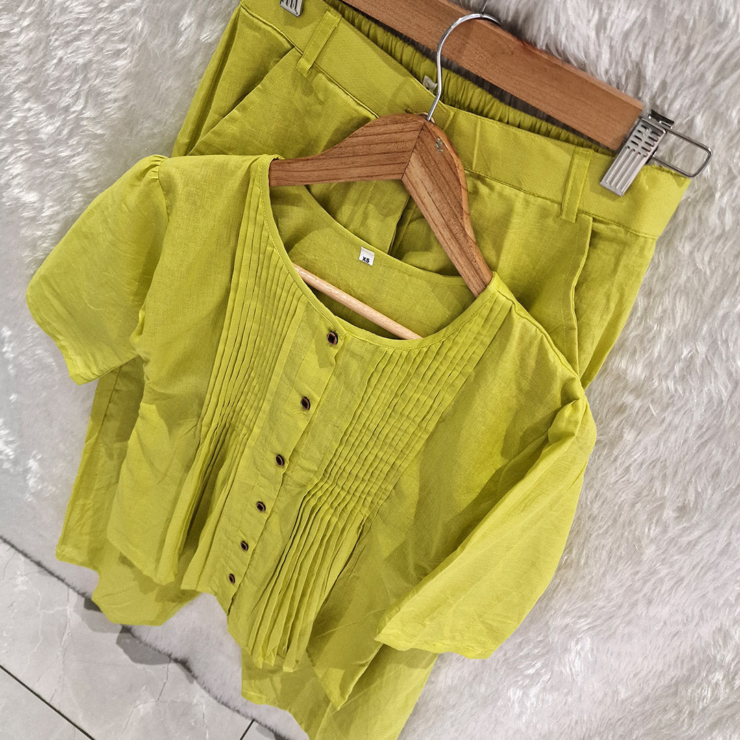 Lime Green Cotton Casual Plain O-Neck Pleated Top With Wide Leg Pants