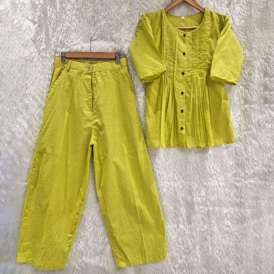 Lime Green Cotton Casual Plain O-Neck Pleated Top With Wide Leg Pants