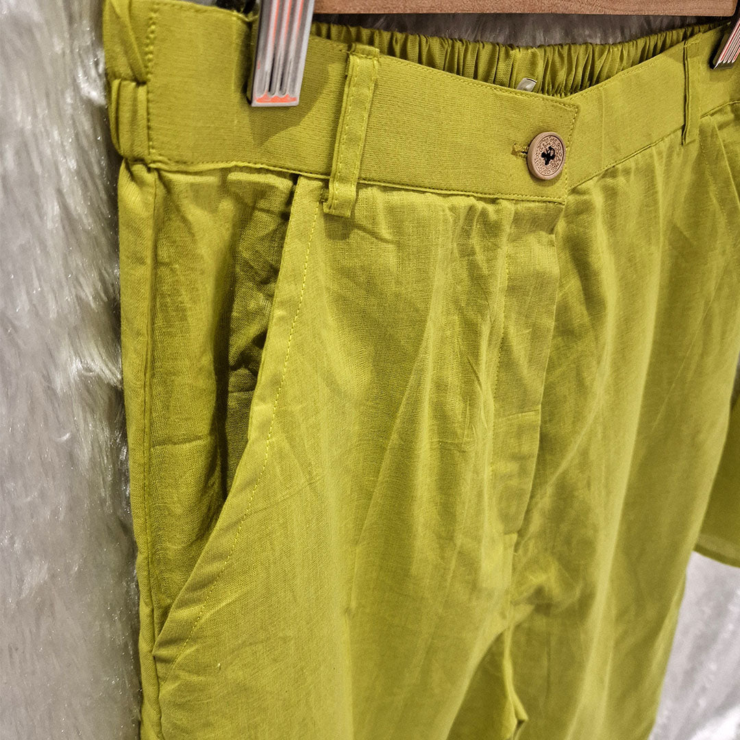 Lime Green Cotton Casual Plain O-Neck Pleated Top With Wide Leg Pants