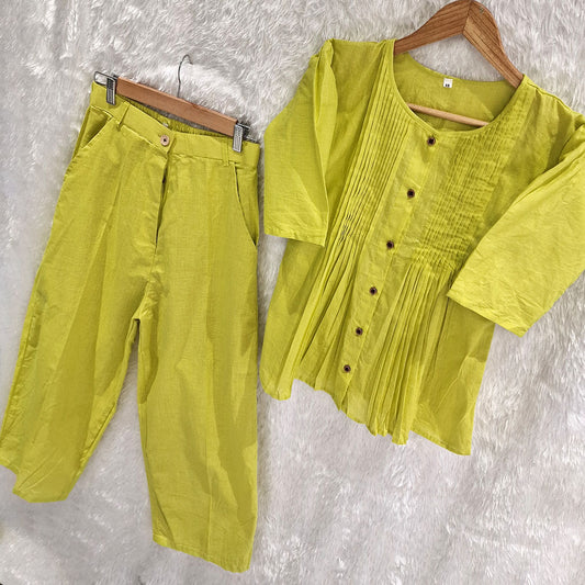 Lime Green Cotton Casual Plain O-Neck Pleated Top With Wide Leg Pants
