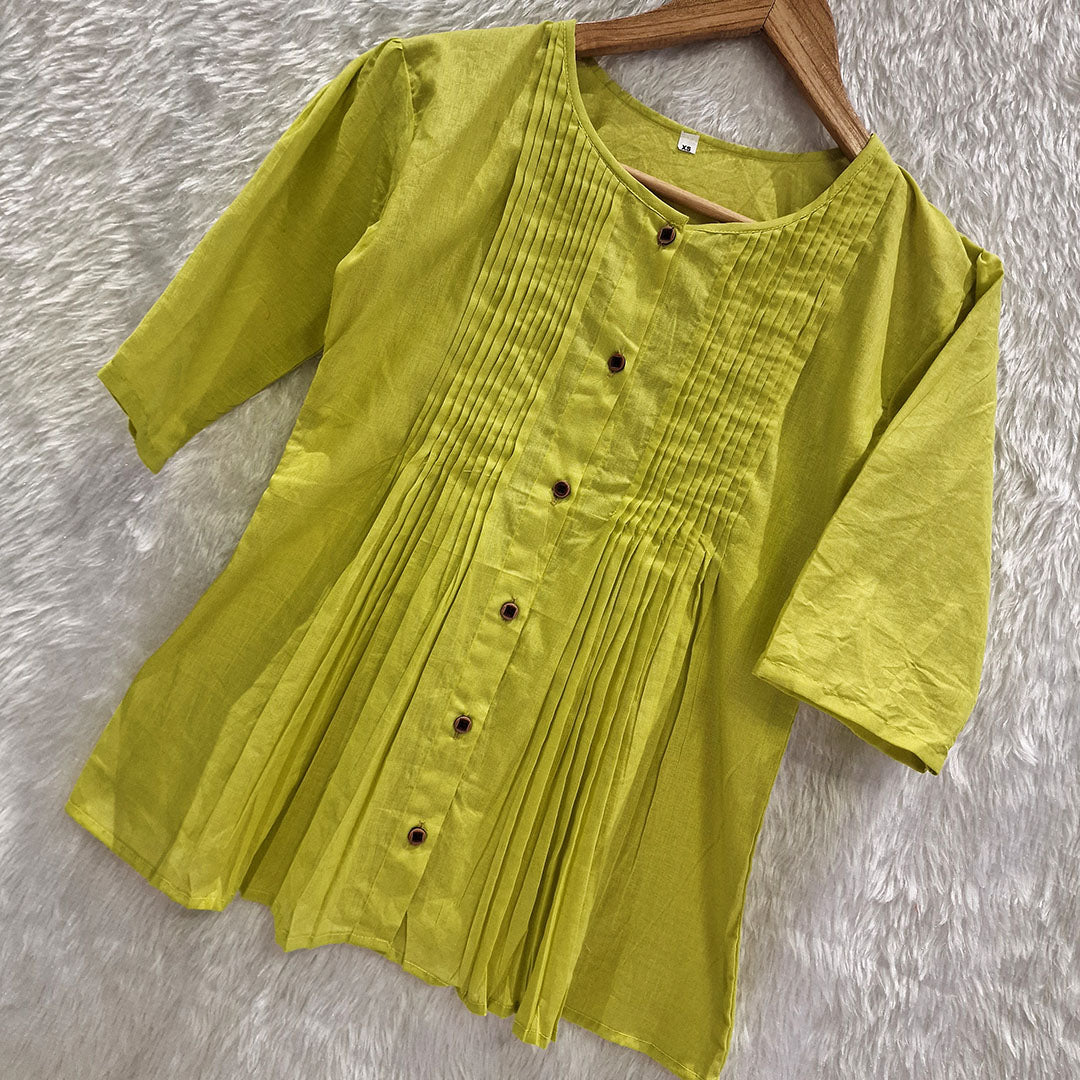 Lime Green Cotton Casual Plain O-Neck Pleated Top With Wide Leg Pants