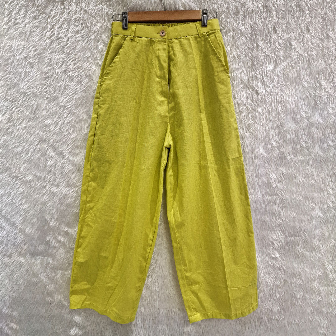 Lime Green Cotton Casual Plain O-Neck Pleated Top With Wide Leg Pants