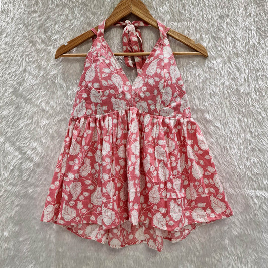 White Pink Cotton Halter Neck Removable Padded Top