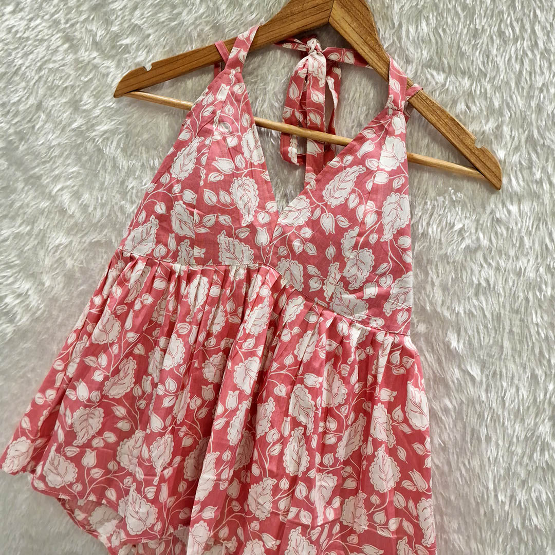 White Pink Cotton Halter Neck Removable Padded Top
