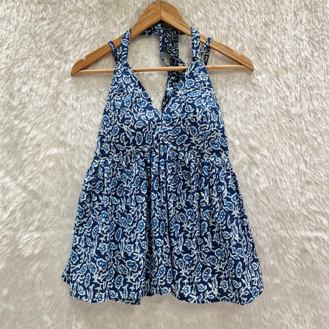 Blue paisley Printed Cotton Halter Neck Removable Padded Top
