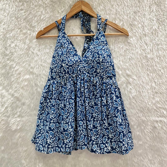 Blue paisley Printed Cotton Halter Neck Removable Padded Top