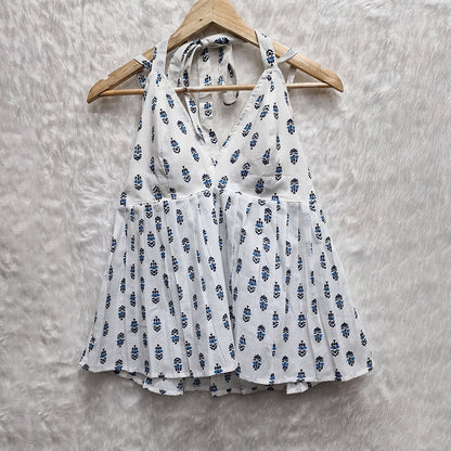 White Floral Printed Halter Neck Cotton Removable Padded Top