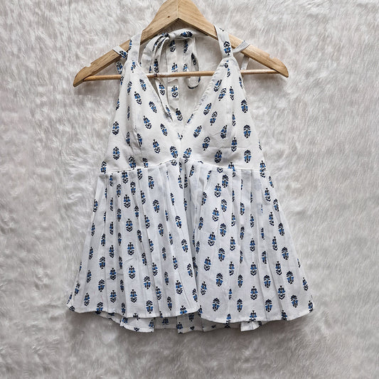 White Floral Printed Halter Neck Cotton Removable Padded Top