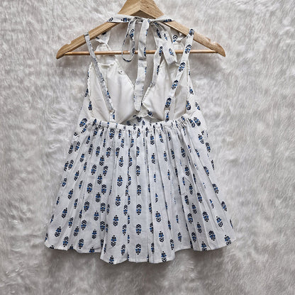 White Floral Printed Halter Neck Cotton Removable Padded Top