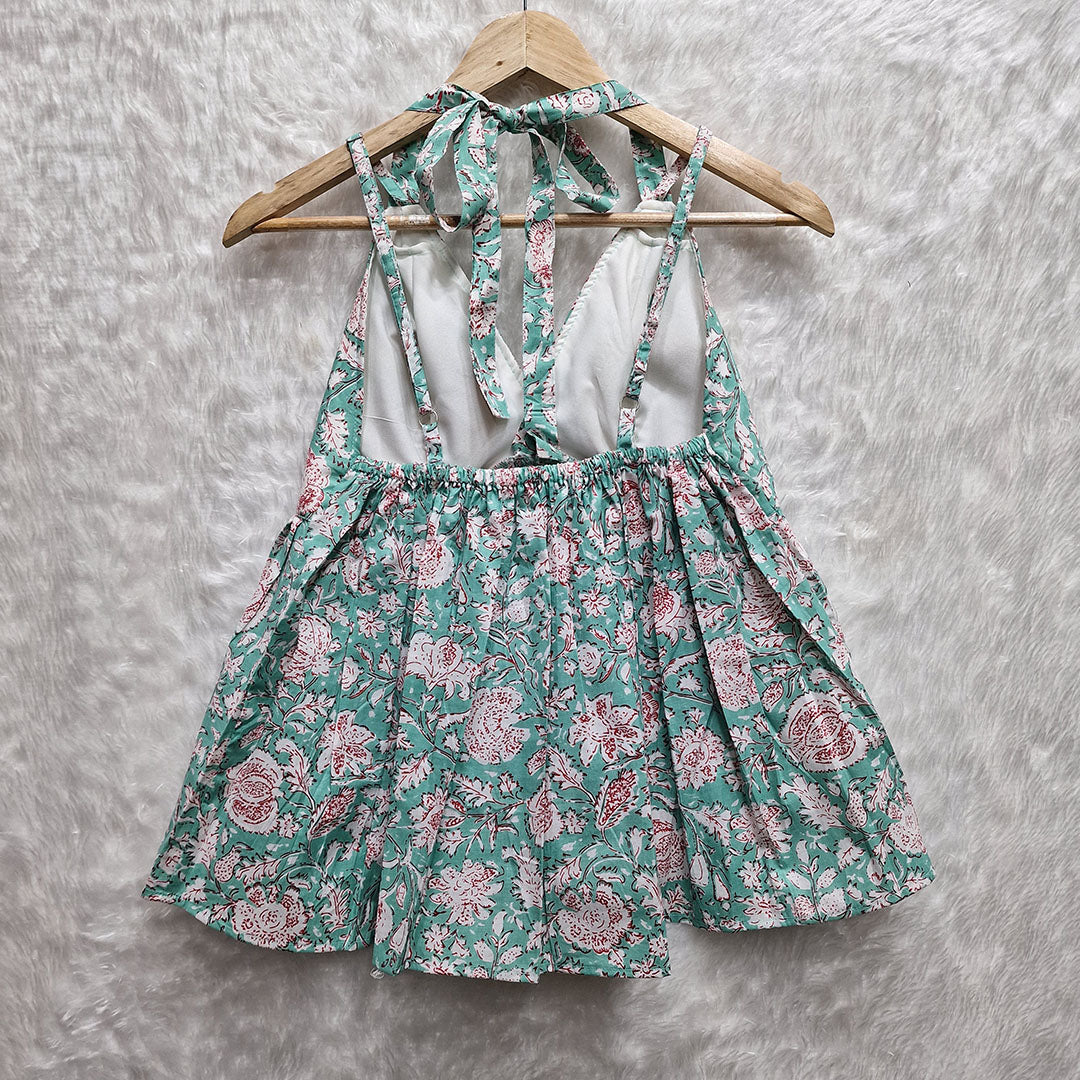 Aqua Green Floral Cotton Halter Neck Removable Padded Top