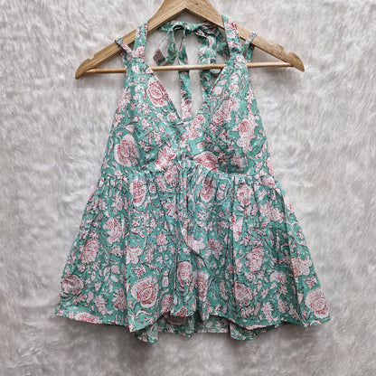 Aqua Green Floral Cotton Halter Neck Removable Padded Top