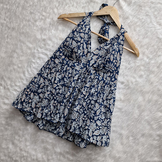 Navy Blue paisley Printed Cotton Halter Neck Removable Padded Top