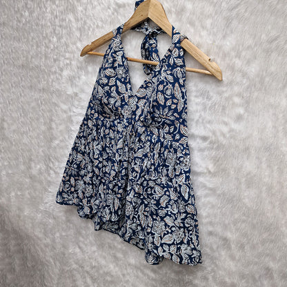 Navy Blue paisley Printed Cotton Halter Neck Removable Padded Top
