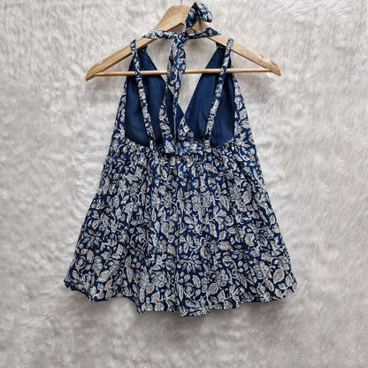 Navy Blue paisley Printed Cotton Halter Neck Removable Padded Top