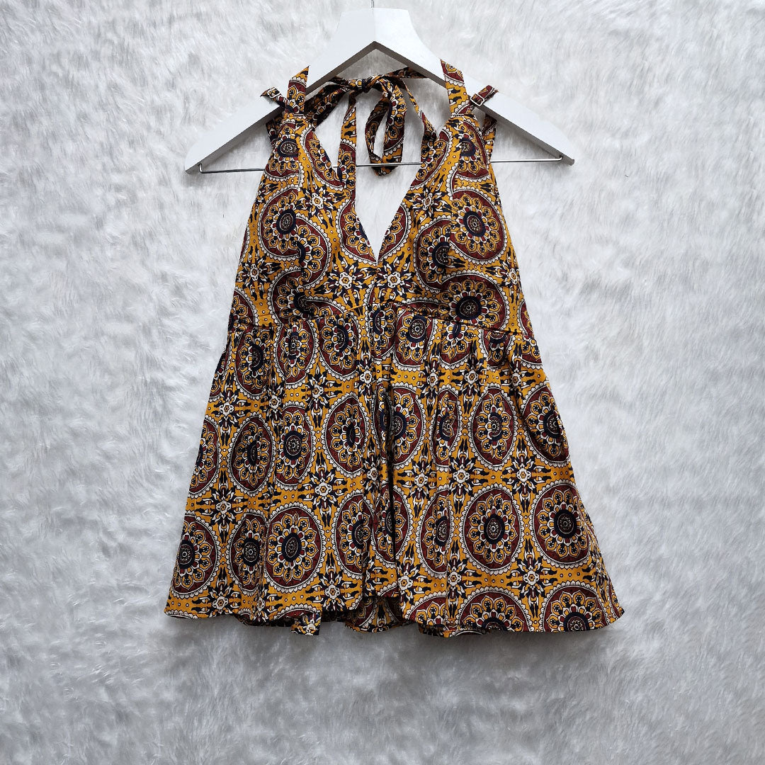 Musturd Multy Color Halter Neck Hakoba Work Cotton Top