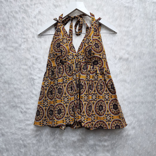 Musturd Multy Color Halter Neck Hakoba Work Cotton Top