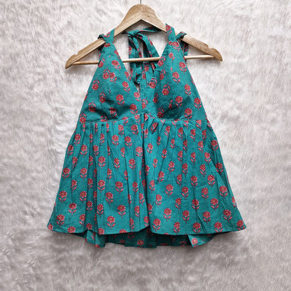 Blue Flower Printed Cotton Halter Neck Removable Padded Top