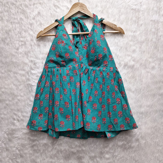 Blue Flower Printed Cotton Halter Neck Removable Padded Top