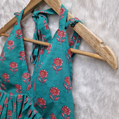 Blue Flower Printed Cotton Halter Neck Removable Padded Top