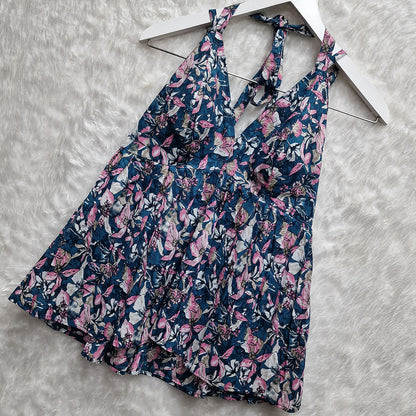 Blue Multy Color Printed Cotton Halter Neck Removable Padded Top